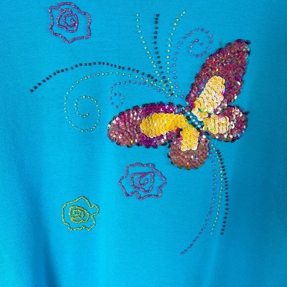 Surya Sequined Beaded Short Sleeve Turquoise Top Size M - Picture 2 of 4